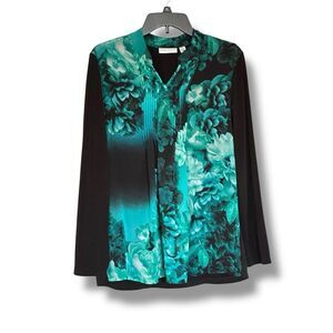 Susan Graver Long Sleeve Chiffon Overlay Knit Top Black Green Floral Med